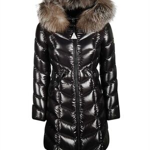 Moncler Black Puffer Coat with Fur Trim Size 5